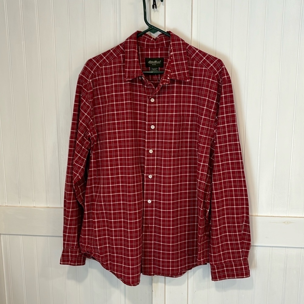 Eddie Bauer authentic outdoor, red plaid shirt size L